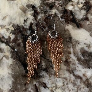 Rose Gold Plated Chain Dangle Earrings, Two Tone Stainless Steel